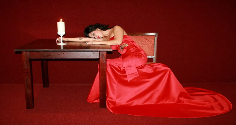 seducing husband - face, dress, red