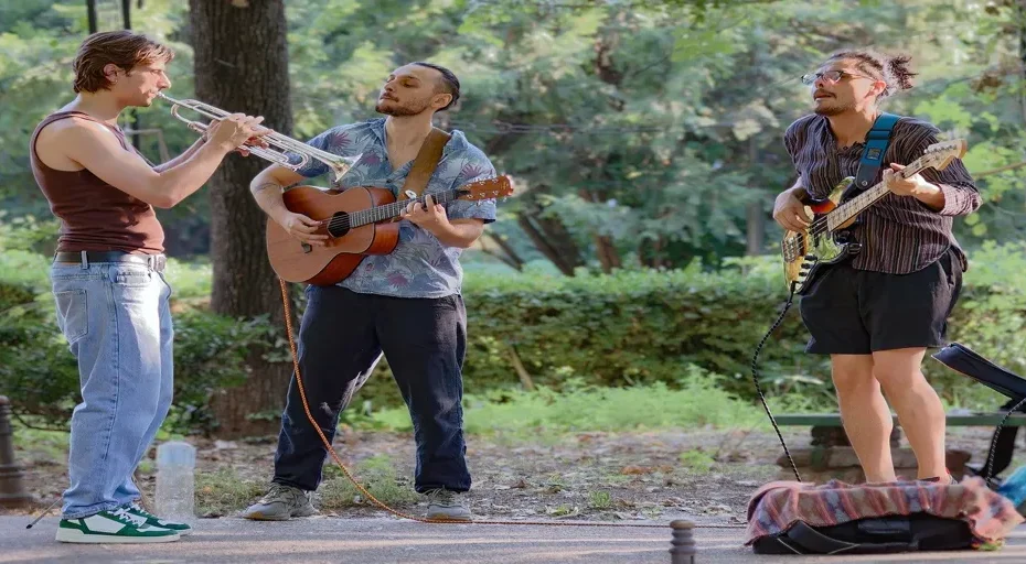 unspoken attraction between co-workers - buskers, musicians, performance