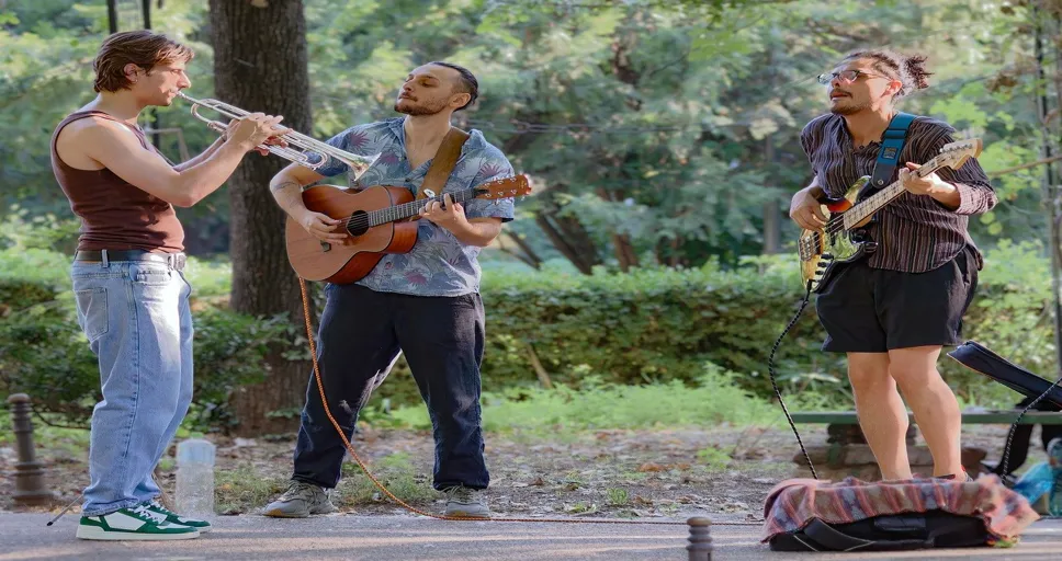 unspoken attraction between co-workers - buskers, musicians, performance